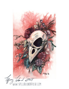 a bird skull painted in watercolors with flowers in the background