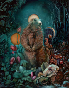 a groundhog painted in oils in the style of a religious icon choosing between winter and spring