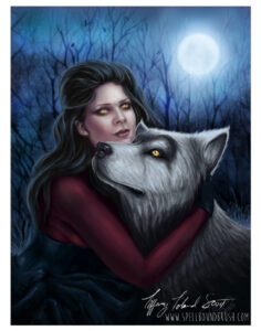 a woman holding a wolf dog under a full moon gothic style digital art