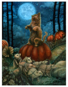 a cat riding a pumpkin carriage pulled by mice painted in oils halloween style