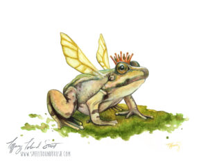an enchanted frog prince painted in watercolors with wings and a crown