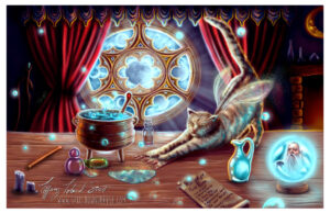 a cat in a wizards study the cat knocked over a potion and is turning into a fairy