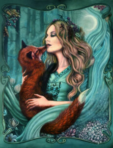 a witchy woman holding a fox in a moonlit forest painted in oils