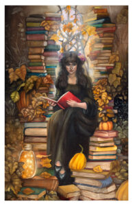 an oil painting of a woman in a black dress sitting on stacks of books arranged like a throne